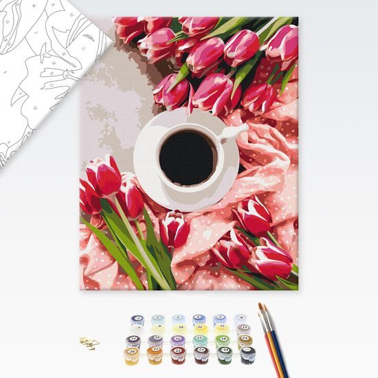Festés számok szerint kávé a tulipánok ölelésében