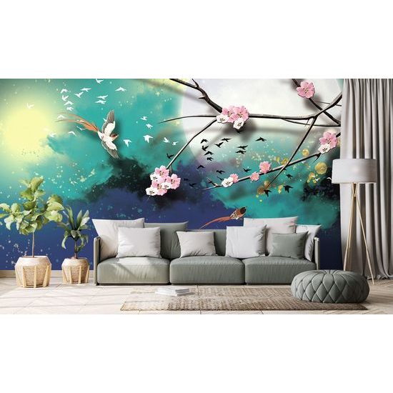 Öntapadó tapéta rajz egy ág virágokkal teliholdkor