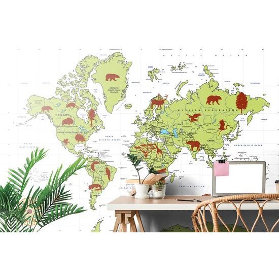 Öntapadó tapéta világtérkép szimbolikus állatokkal