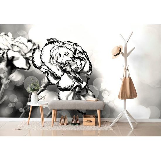 Tapéta romantikus szegfűvirág fekete-fehér kivitelben