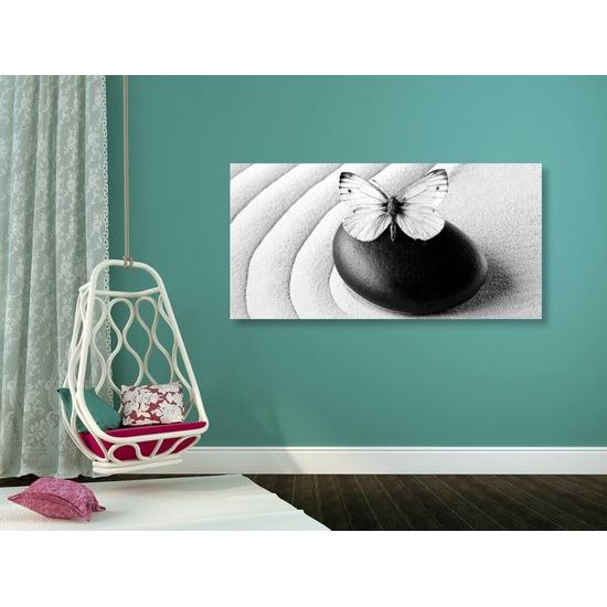 Kép csodálatos fehér pillangó Zen kövön fekete-fehér kivitelben