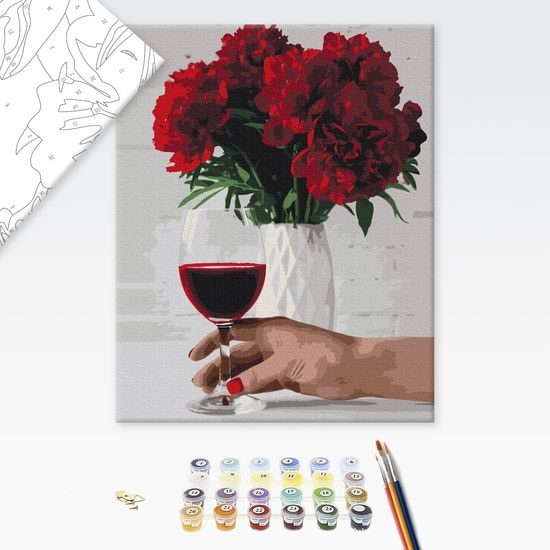 Festés számok szerint pünkösdi rózsák egy pohár bor mellett