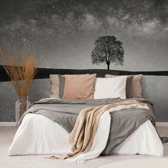 Gyönyörű fekete-fehér öntapadó fotótapéta fa a csillagokkal teli ég alatt