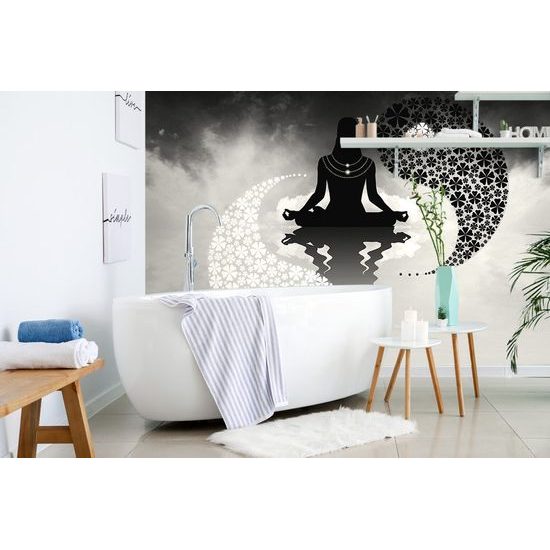 Jóga öntapadó tapéta a jin és jang ölelésében fekete-fehérben