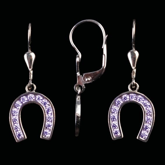 Náušnice podkova visací z pravého stříbra CZ Amethyst DOPRODEJ