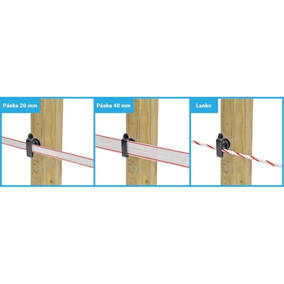 Izolátor pro elektrický ohradník plochý, pro pásku do 40 mm, lanka a lana - 25 ks