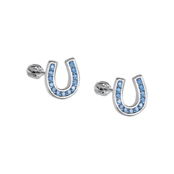Náušnice podkova na šroubek z pravého stříbra se zirkony arctic blue CZ