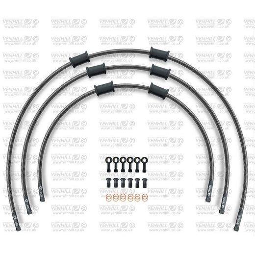 STANDARD PRIEKŠĒJO BREMŽU ŠĻŪTEŅU KOMPLEKTS VENHILL POWERHOSEPLUS KAW-9002FB-CB (3 ŠĻAUKAS KOMPL.) CARBON HOSES, BLACK FITTINGS