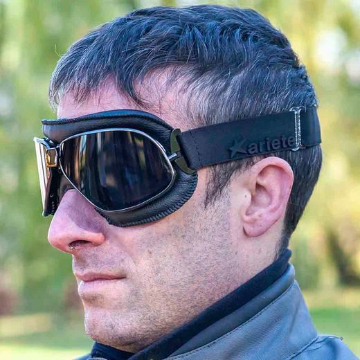 GOGGLES ARIETE ARIETE VINTAGE 13990-NV BLACK LEATHER RUTHENIUM FRAME, FUME LENS