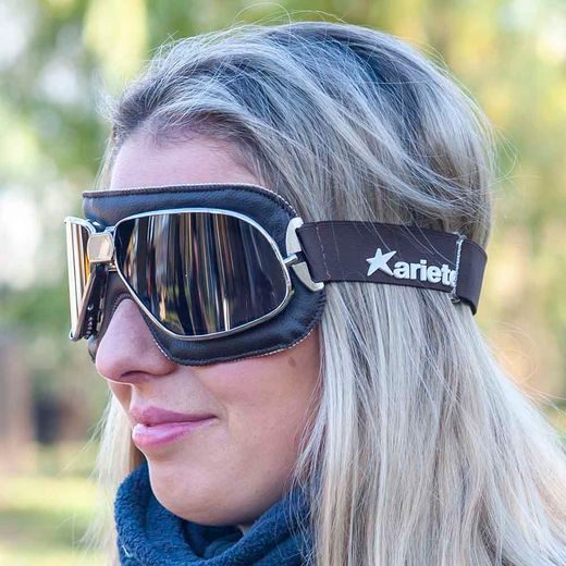 GOGGLES ARIETE ARIETE VINTAGE 13990-MV BROWN LEATHER CHROMED FRAME, FUME LENS