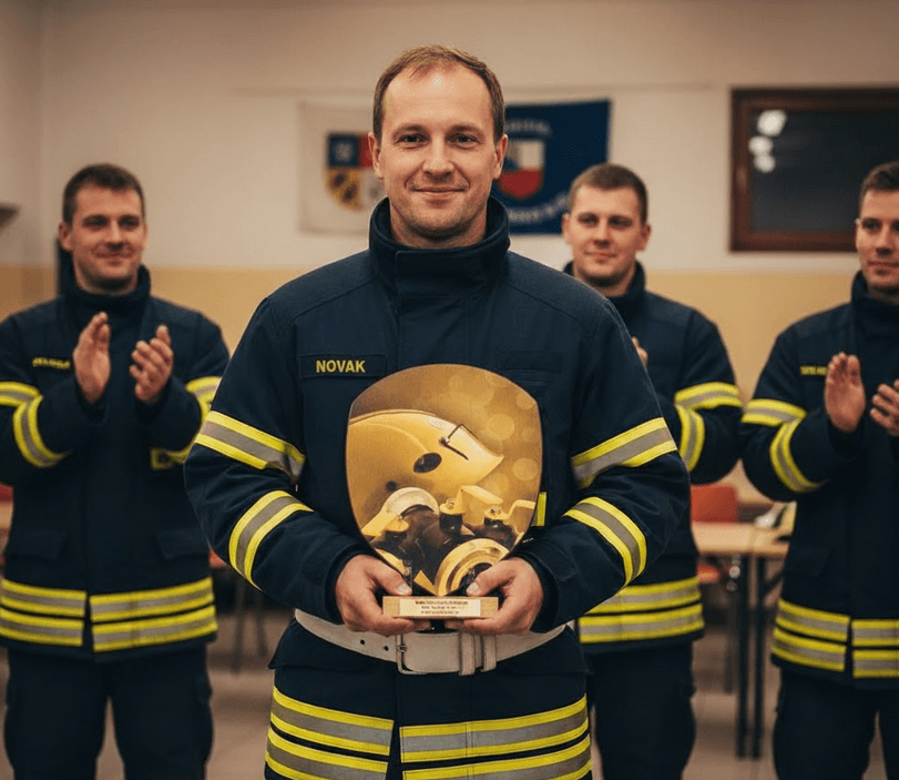 plaketa kterou drží v rukou hasič