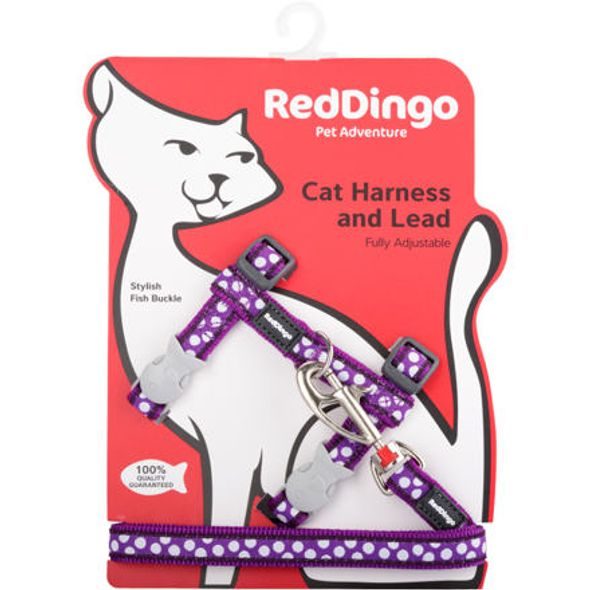Red Dingo Postroj RD s vodítkem-kočka- White Spots on Purple