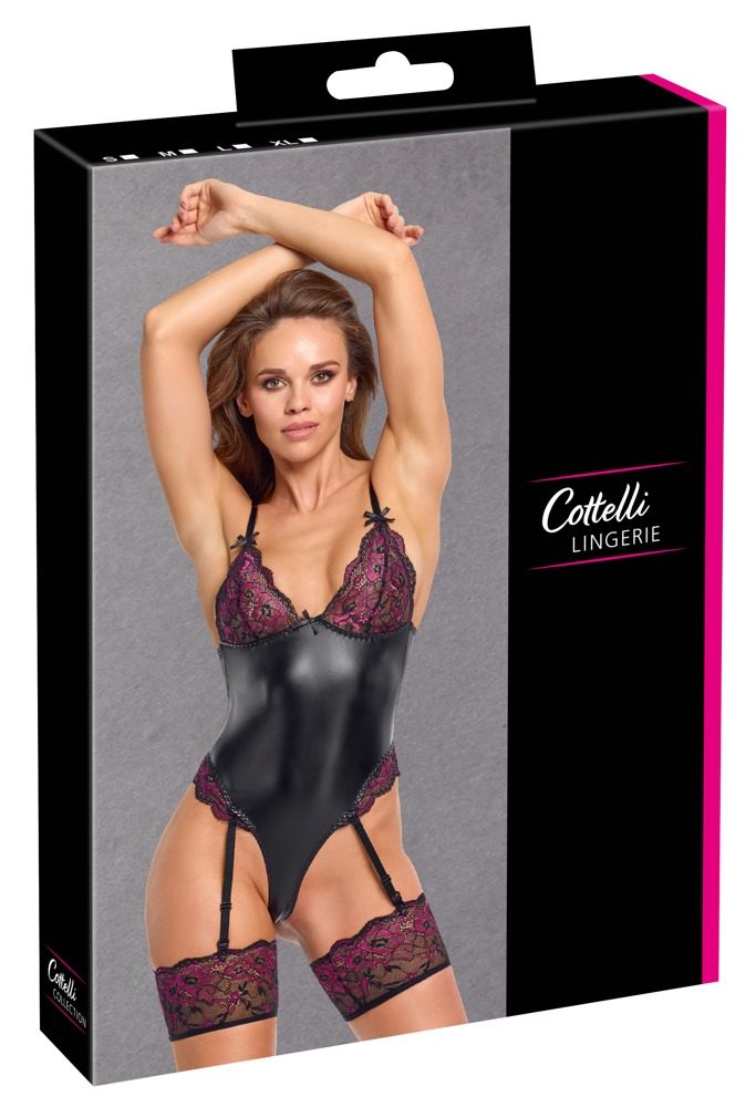 Cottelli Lingerie Body s odnímatelnými pásy a krájkou černá/růžová - M (obrázek 7)