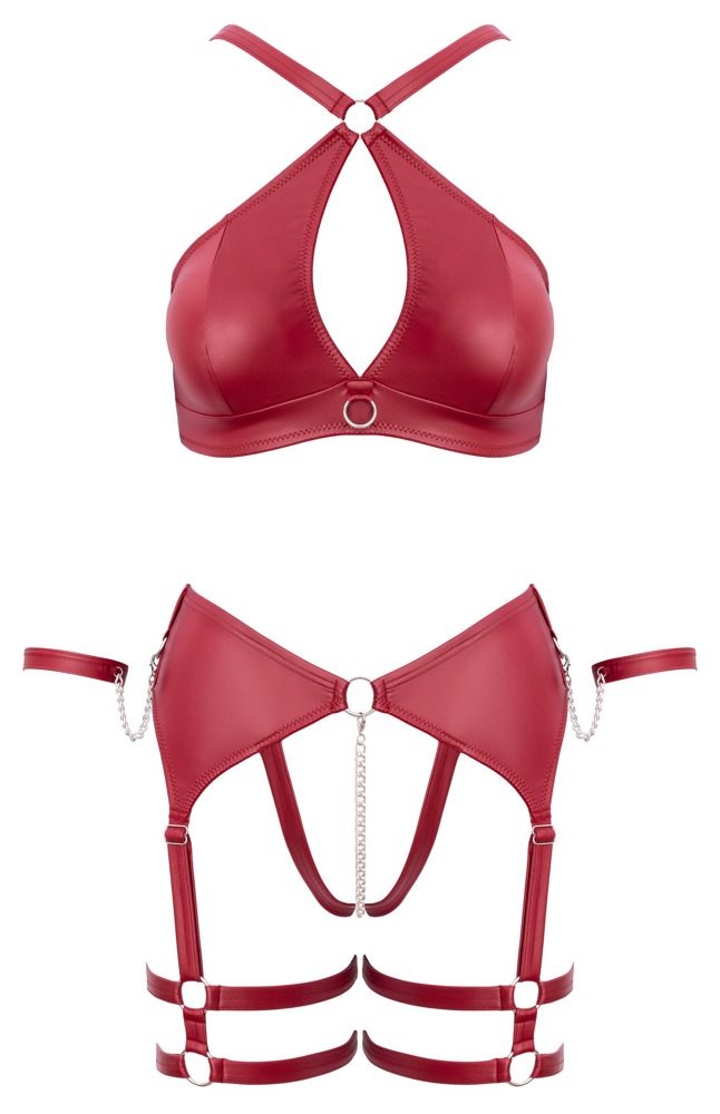 Cottelli Wireless Bra & Crotchless Suspender Thong Matte Look Set with Handcuffs - L (obrázek 8)