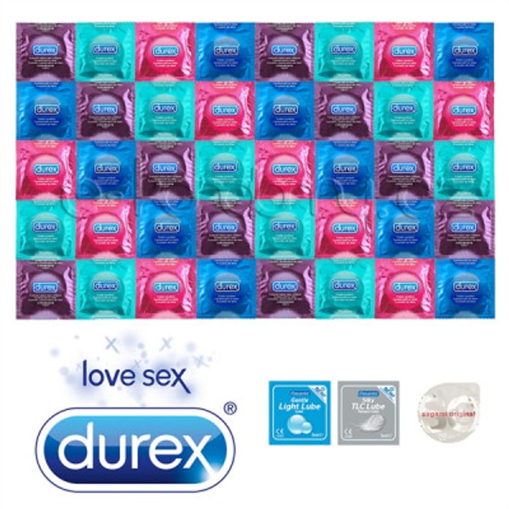 E-shop Durex Exclusive Mix Balíček - 40 kondómov Durex + 2x lubrikačný gél Pasante + ultra tenký Sagami Original 0.02 ako darček