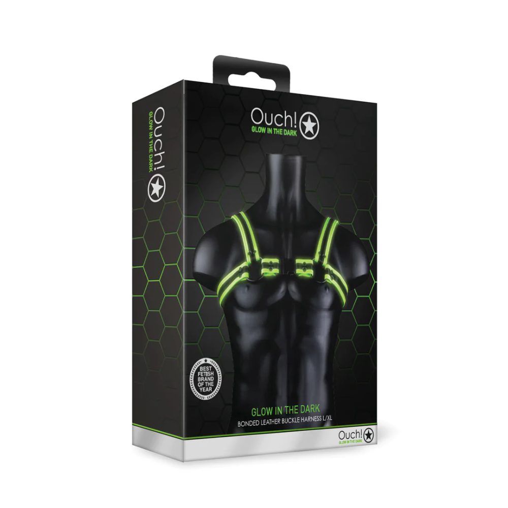 Ouch! Glow in the Dark Buckle Bulldog L/XL svítící pánský kožený postroj (obrázek 4)