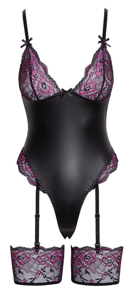 Cottelli Lingerie Body s odnímatelnými pásy a krájkou černá/růžová - M (obrázek 5)
