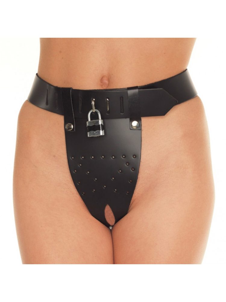 Levně Rimba Chastity Belt with Two Holes In Crotch Padlock Included Kožený pás cudnosti pro ženy Velikost M/L - S-M