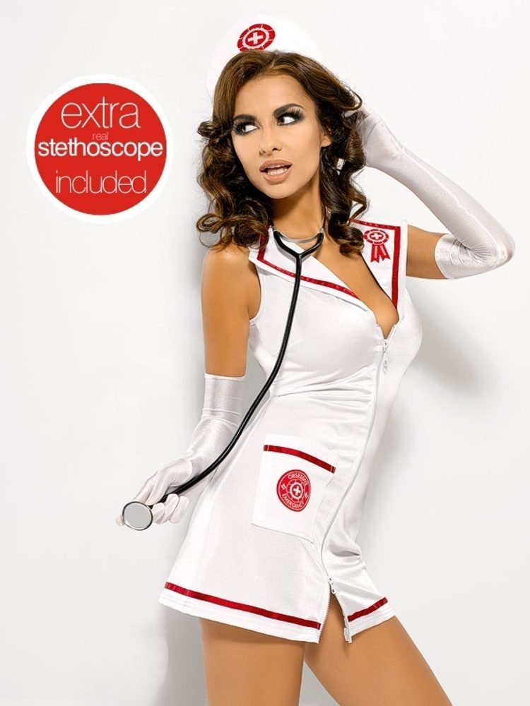 Sexy kostým Obsessive Emergency dress + stetoskop – bílá – S/M