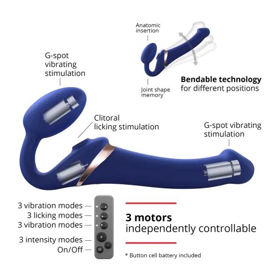 Strap-On-Me Tvarovatelný samodržící vibrační strapon s jazýčkem S (modrý)