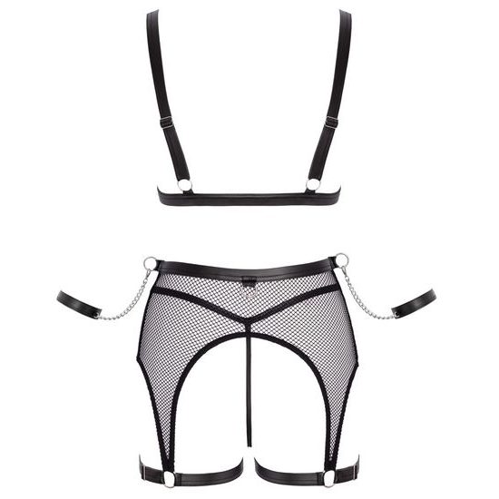 Cottelli Net Matte Look Triangle Bra, Suspender Belt & Crotchless String Set