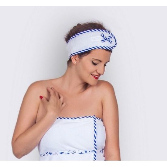 MaryBerry, wellness čelenka do sauny, bílá s modrým lemem