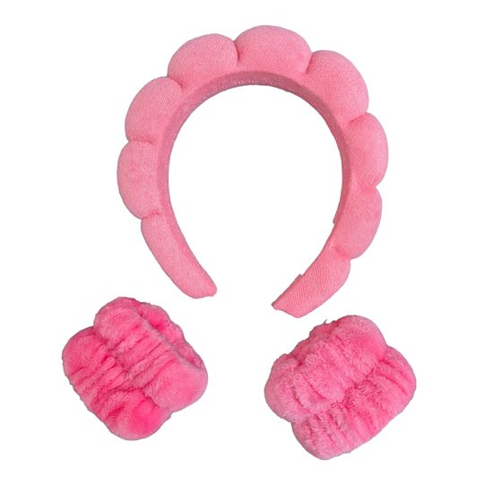 Cosmetic headband and anti-wicking bracelets - neon pink