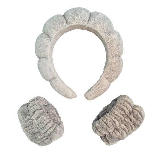 Cosmetic headband and anti-wicking bracelets - grey
