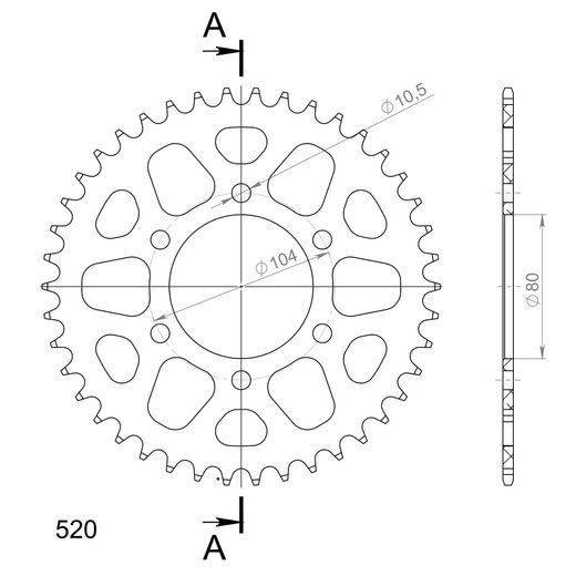 ALUMINIJASTI ZADNJI VERIŽNIK (ZOBNIK) SUPERSPROX RAL-478:42-BLK ČRNA 42T, 520