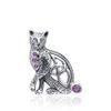 Celtic Cat Silver Pendant with Amethysts