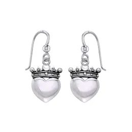 Heart With Crown Silver Earrings