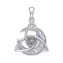 Trinity Knot with Celtic Crescent Moon and Triskele Silver Pendant