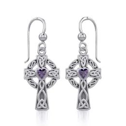 Celtic Cross Silver Earrings With Heart Amethyst