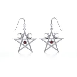 Silver Pentagram Pentacle and Garnet Earrings