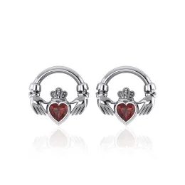 Irské Náušnice s granátem - Claddagh, stříbro 925