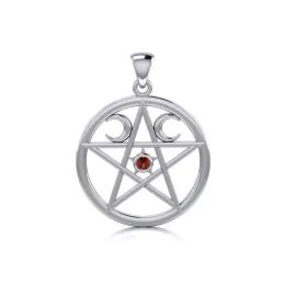 Silver Wiccan Pentacle With Garnet