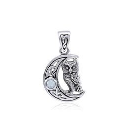 Celtic Owl in Crescent Moon, Silver Pendant