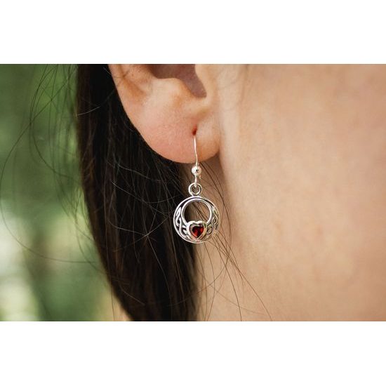 Celtic Knot Silver Earrings With Garnet