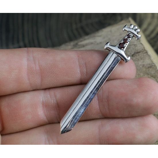 Viking Sword Silver Pendant With Garnets