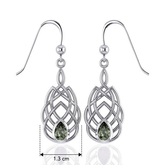 Zelený plamen – stříbrné keltské náušnice s vltavínem