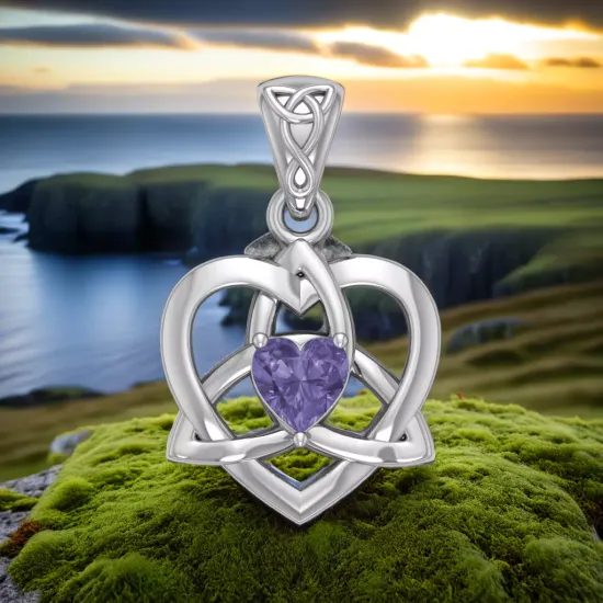 Keltské srdce s ametystem, stříbrný přívěsek