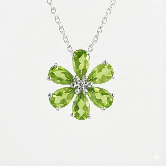 Olivínový květ – stříbrný přívěsek s olivínem a řetízkem