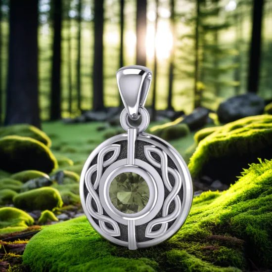Zelený kruh osudu – stříbrný keltský přívěsek s vltavínem