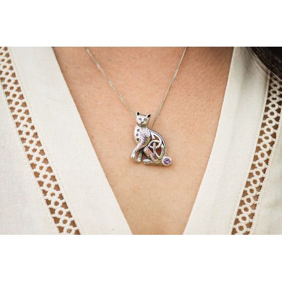 Celtic Cat Silver Pendant with Amethysts