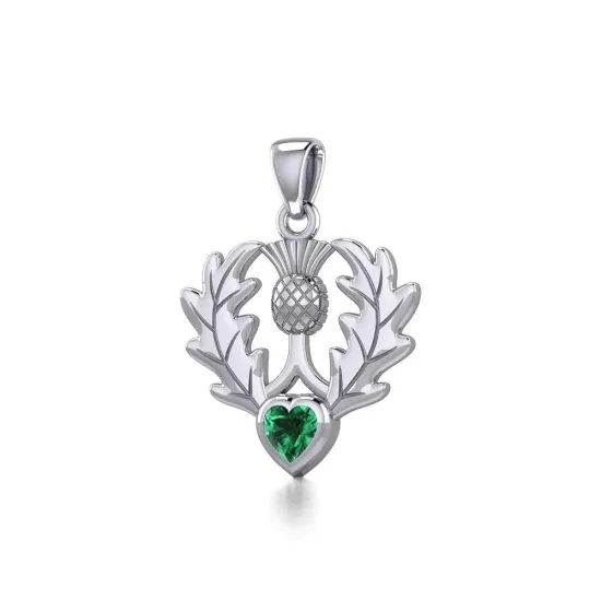 Scottish Thistle Silver Pendant With Emerald Glass
