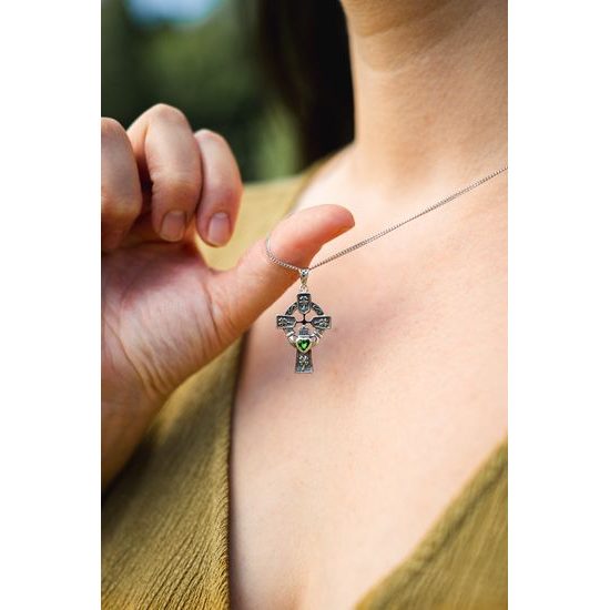 Claddagh Celtic Cross with Lucky Four Leaf Clover Silver Pendant