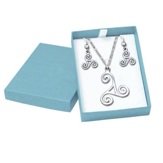 Celtic Triskele Silver Pendant and Earrings Chain Set