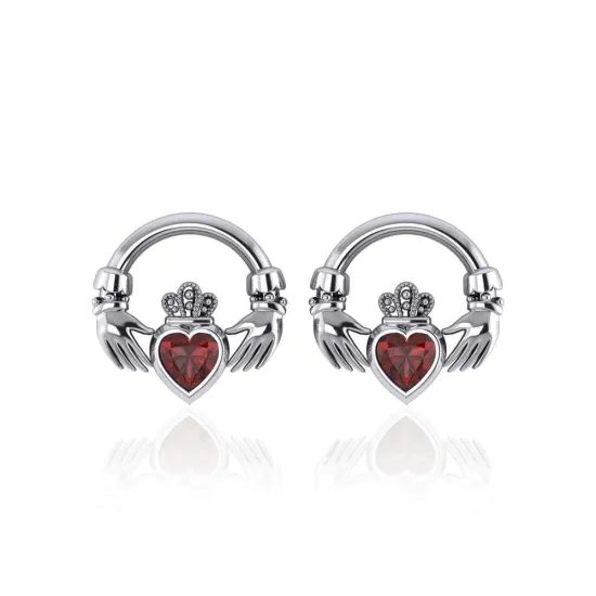 Irské Náušnice s granátem - Claddagh, stříbro 925