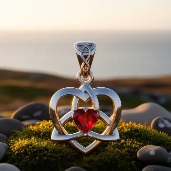 Keltské srdce s granátem, stříbrný přívěsek