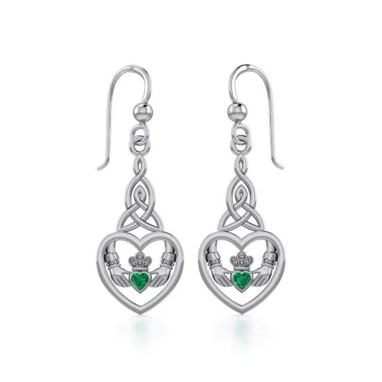 Heart Claddagh With Celtic Trinity Knot Silver Earrings